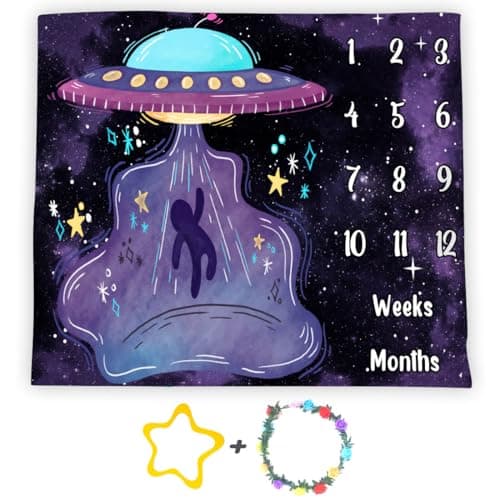 UFO Baby Monthly Milestone Blanket 48x40in Soft Flannel Alien Round Spaceship Newborn Mom Gifts Baby Shower Age Growth Tracker with Bonus Maker Multicolor 48x40in