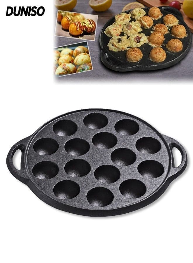 Nonstick Cast Iron Meat Balls Maker,Cast Iron Cake Pans, 15 Hole Octopus meatball pot,Quail Egg Tray with Two Heat Resistant Handle ,Heating Portable Design for Small Kitchens or Outdoor Camping