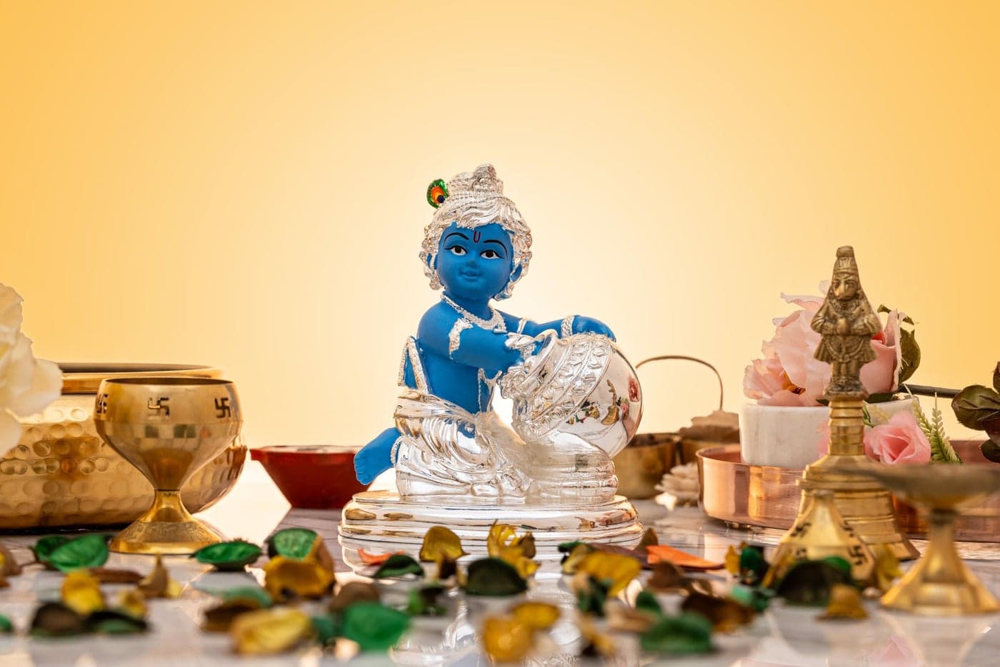 Idolkart Pure 999 Silver Coated Lord Krishna Idol, Handcrafted Laddu Gopal Murti Sculpture,- kanha ji ki murti Idol for Pooja Room - Ladoo Gopal Murti Krishna Idol - 4 Inch, Idol