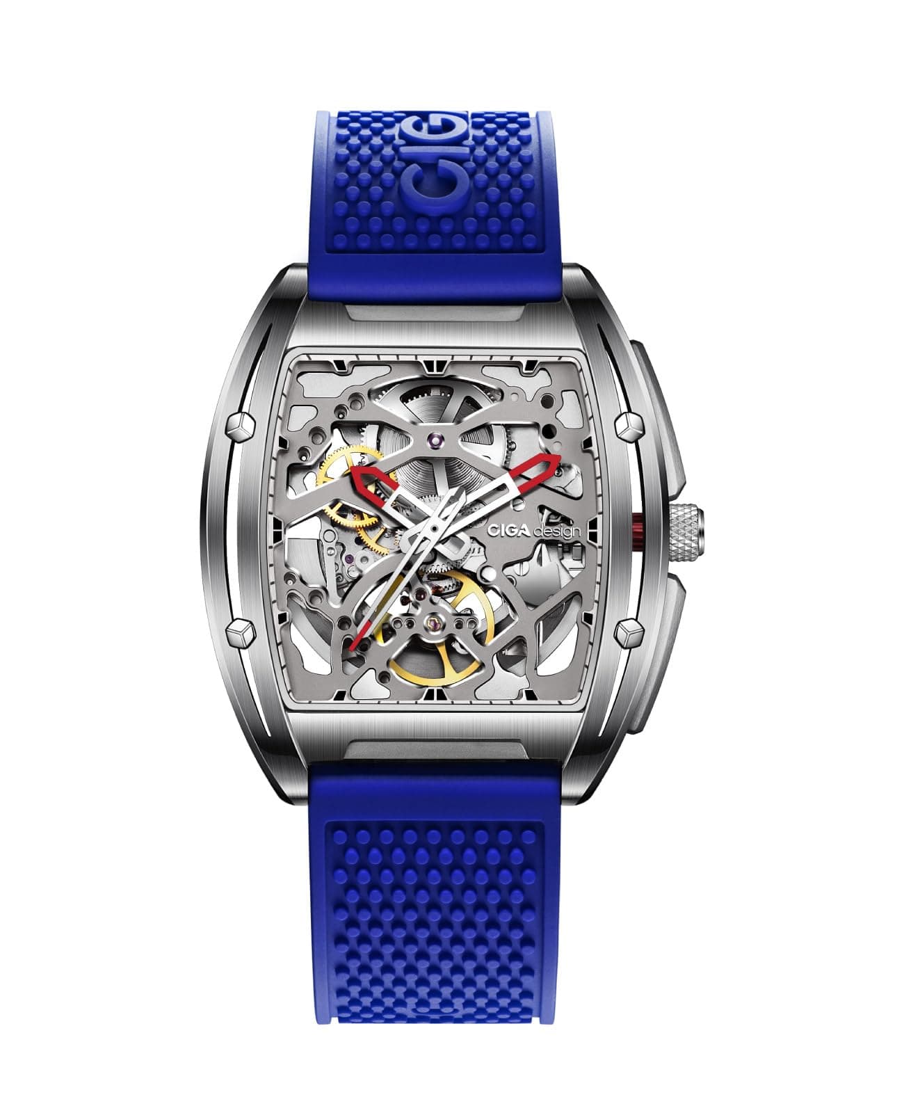 CIGA Design Z Series Automatic Mechanical Watch, Skeleton Stainless Steel Analog Silver Wristwatch Tonneau Sapphire Crystal for Men Women with Leather and Silicone Strap