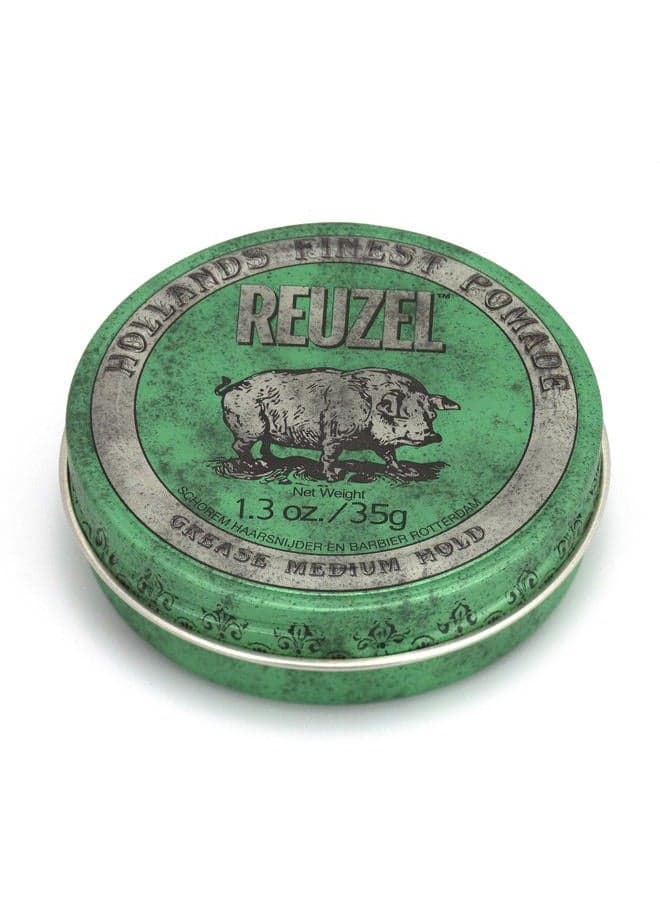 REUZEL Green Grease Pomade, Medium All Day Hold, Oil-Based Styling Wax, Medium Shine, Easy To Wash Out, For All Hair Types