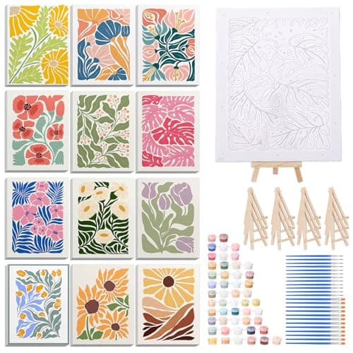 RoundFunny 12 Set Paint by Numbers Kit for Adults Simple Flowers Painting 8x10 Inch with Wooden Frame Easel Acrylic Paints Brushes Watercolor Oil Paint by Number Gifts for Home Wall Decor