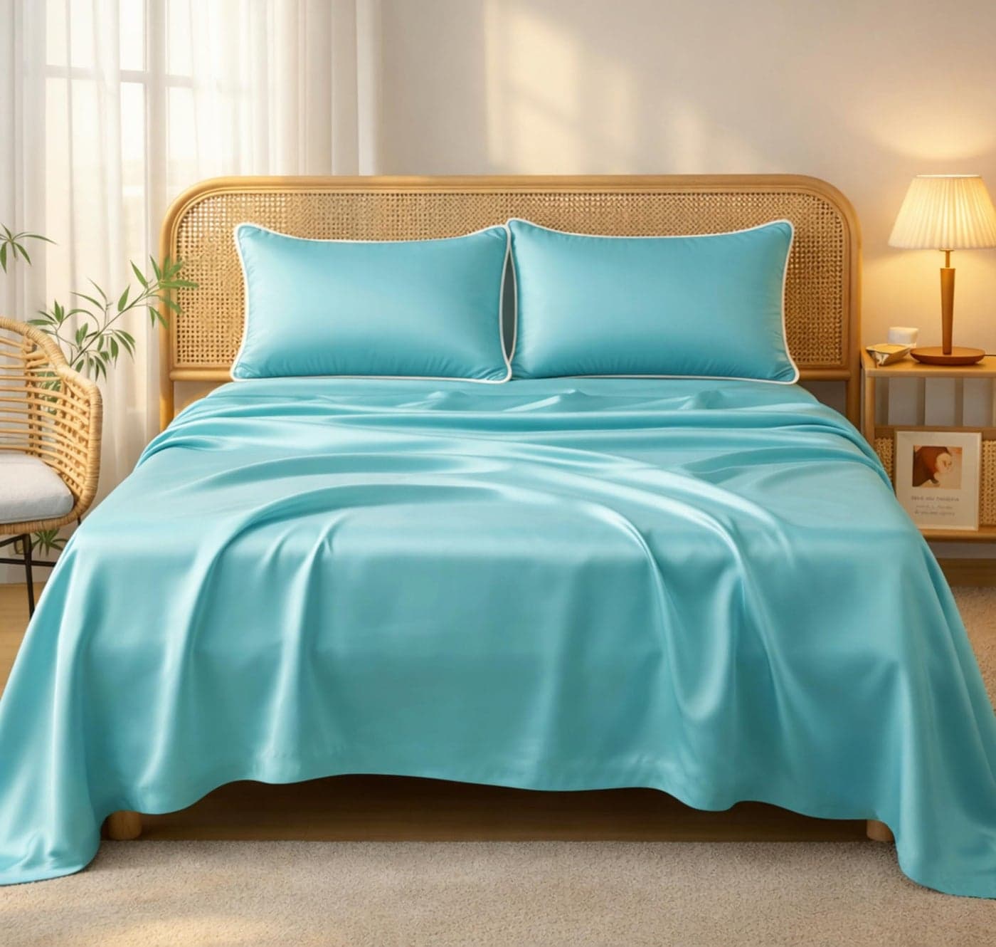 VAS COLLECTIONS Satin Bedsheet King Size (108 x 108 Inches) | 300 TC Ultra Soft Silky Smooth Satin Bed Sheet with 2 Pillow Covers | Luxury Satin Bedsheets for Double Bed (Aqua Blue)