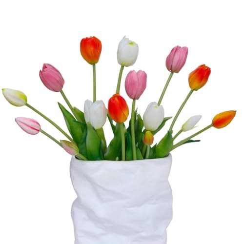LINSIE 15 Pcs White-Orange-Light Purple Artificial Tulips Fake Flowers, Premium Latex Lifelike Texture, UV Resistant Waterproof Faux Tulip Bouquets with Snap-on Petals for Outdoor, Home, Wedding Decor