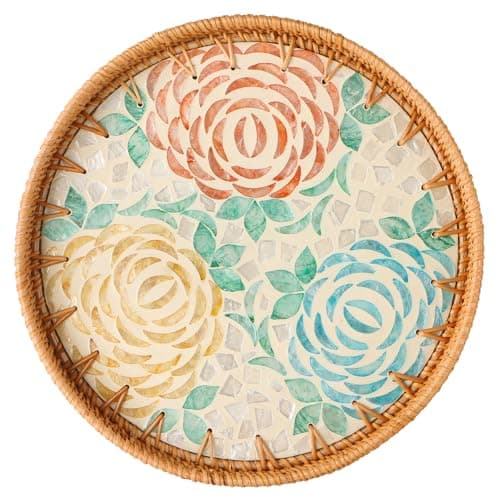 Aayoruro Round Rattan Tray with Mother of Pearl Inlay Decorative Wicker Serving Tray with Wooden Base Woven Basket Trays for Bread Fruits Coffee Peony