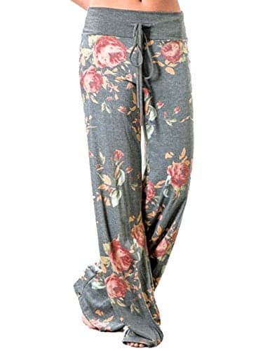 iChunhua Women's Comfy Stretch Floral Print Drawstring Palazzo Wide Leg Lounge Pants(XL,Grey)