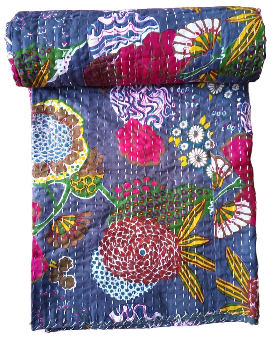 Kirti Textile and Handicraft Handmade Kantha Quilt Cotton Kantha Bed Cover Multi Color Kantha Bedspread Handmade Kantha Coverlet Throw Single Size Kantha Blanket
