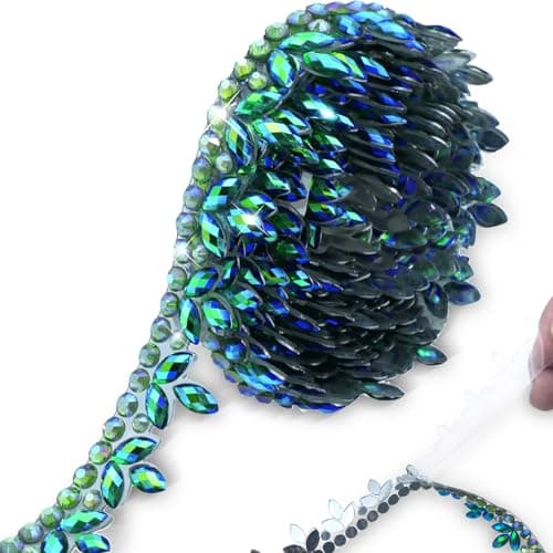 PEARLY JUN 2 Yards Green Crystal Rhinestone Ribbon Self Adhesive Rhinestone Tape Diamond Ribbon Jewels DIY Stickers Diamond Strips Roll for Christmas Party Phone Dress Wedding Cake Decoration