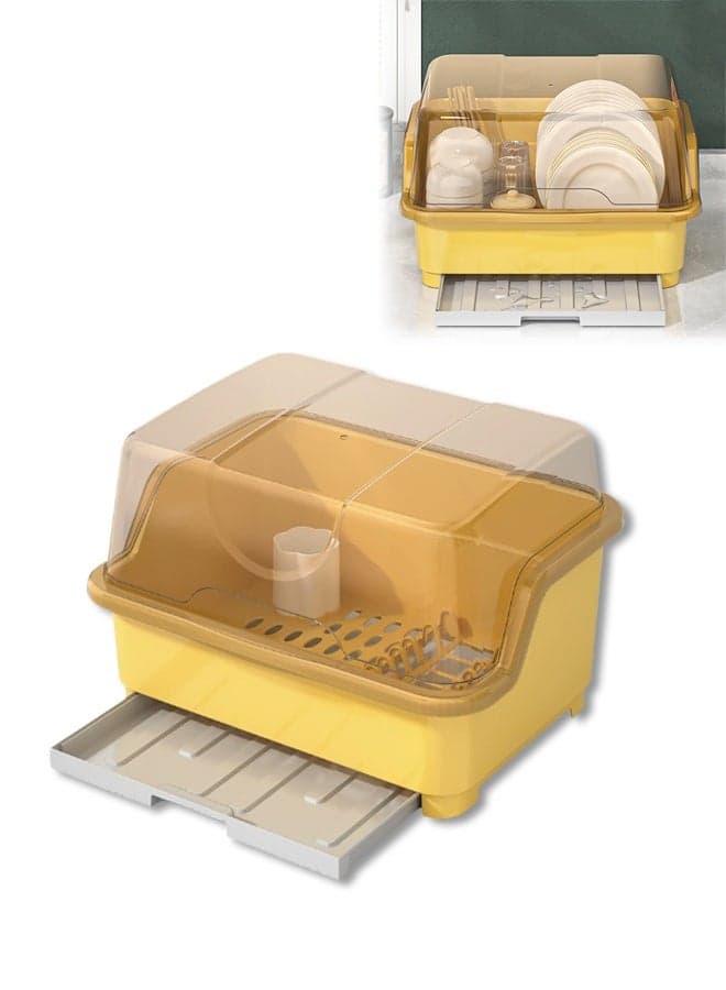 Dish Drying Rack with Lid, Large Dish Rack for Kitchen Cabinets,Plastic Dish Drainer with Drainboard Tray, Space Saving,Sturdy and Durable, for Kitchen Counter Cabinets