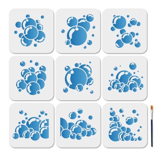 MAYJOYDIY 9Pcs Bubble Painting Stencils Bubble Edge Stencils 5959inch with Paint Brush Bubbles Block Pattern Craft Stencils Template for Wood Wall Window DIY Craft Home Decor