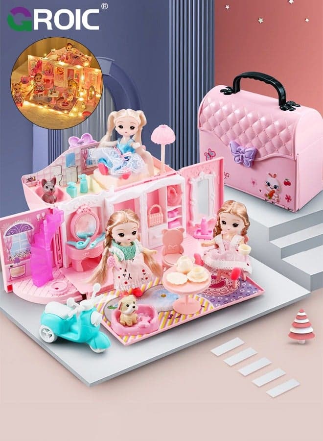 Handbag Dollhouse for kids, Doll Houses Portable Backpack with Doll Toy House with LED Light, 2 Figures, Playhouse Set Birthday Toys for Girls Kindergarten Toddlers Preschoolers