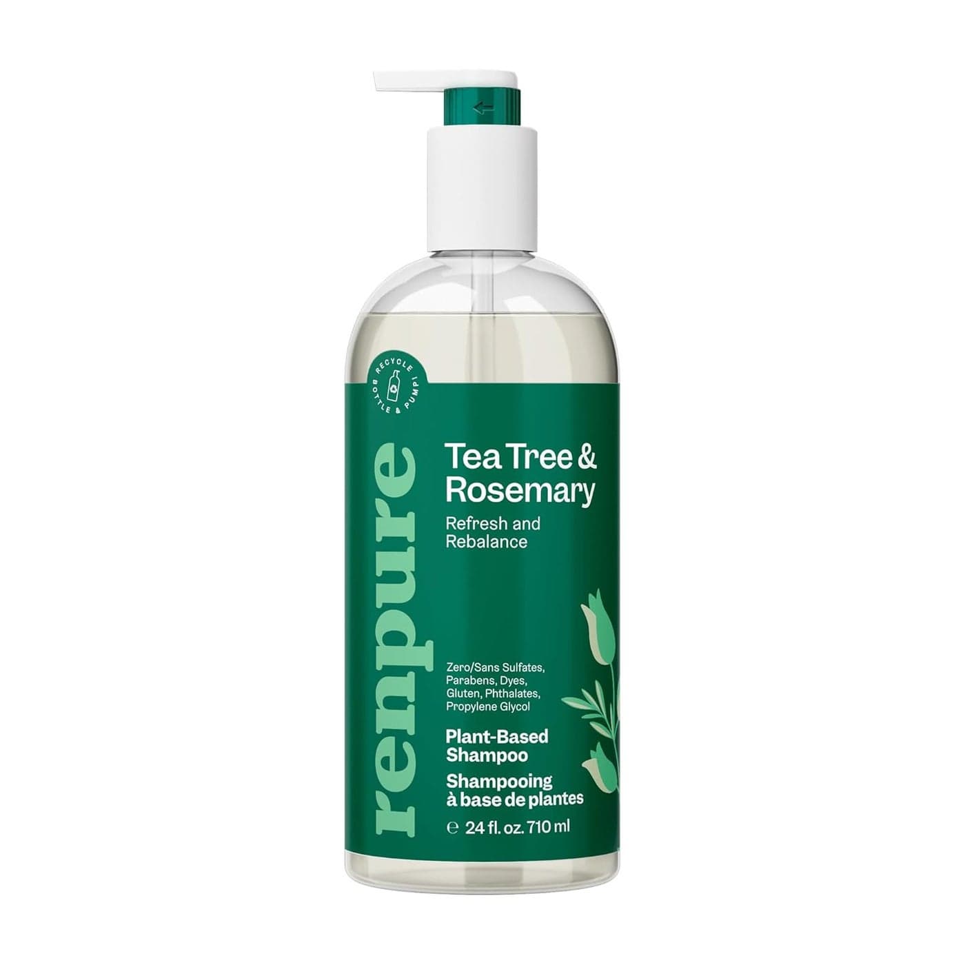 Renpure Plant Based Tea Tree and Rosemary Refresh and Rebalance Shampoo Soothes Dry Scalp Delivers Moisture and Shine Rids Hair of Grime Dye Free Recyclable Pump Bottle Design 24 fl oz