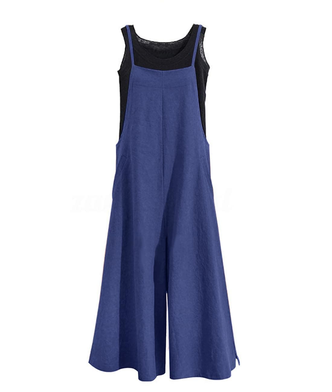 YESNO Women Casual Loose Long Bib Pants Wide Leg Jumpsuits Baggy Cotton Rompers Overalls with Pockets S PZZTYP2 Navy Blue