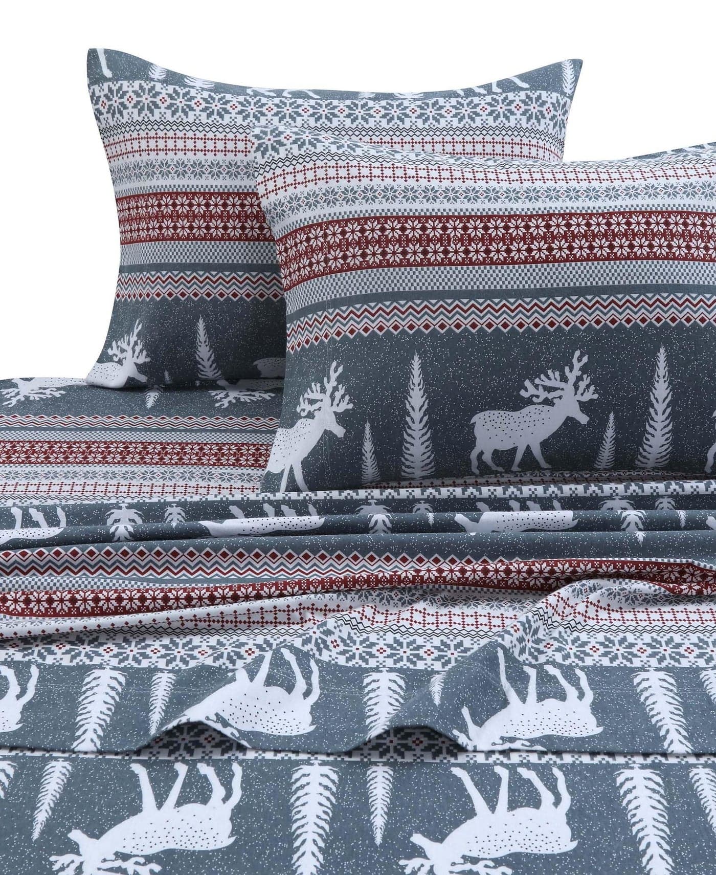 Winter Reindeer Printed Flannel 170GSM Solid DP Sheet Set QUEEN
