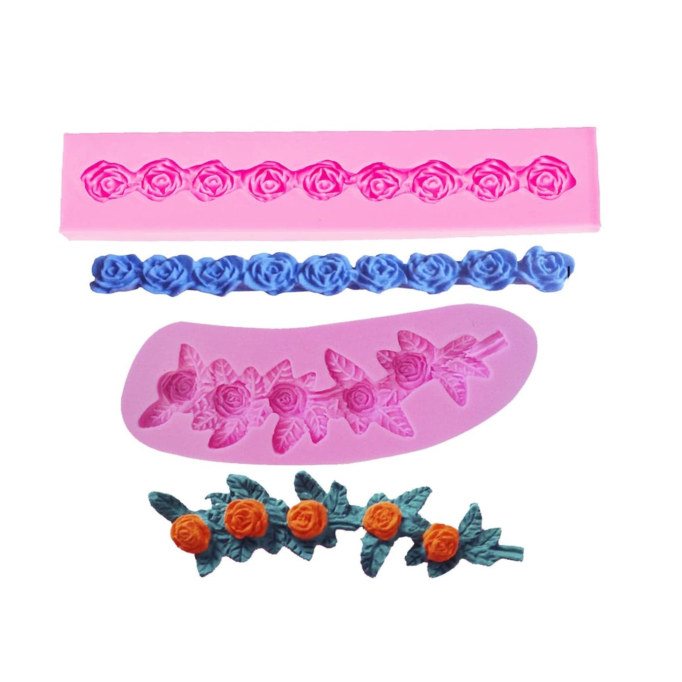 AMZTOART 2pc Long Rose Flower Silicone Molds for Cake Onlay Border Embosser Mold Non Stick Fondant Mold for DIY Chocolate Candy Cookie Jelly and Polymer Clay 00310846