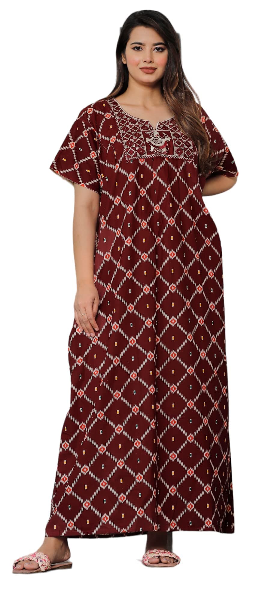 G4Girl Cotton Embroidery Nighty For Women - Maxi, Maroon, Free Size