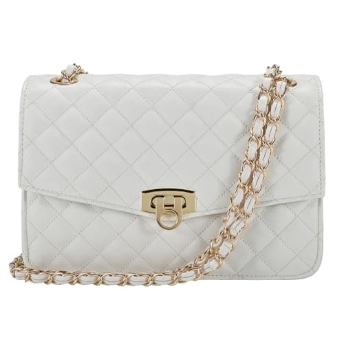 GM LIKKIE Quilted Shoulder Bag for Women, Medium Flap Crossbody Handbag with Chain Strap, Soft Vegan Leather Clutch Purse (White)