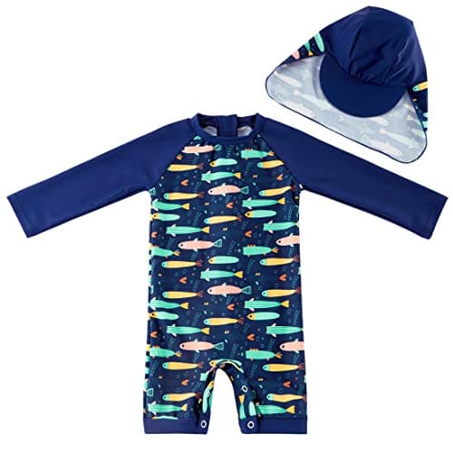 UMELOK Infant Boy UPF 50 Sun Protection One Piece Rashguard Swimsuit with Hat Colorful Fish 36 Months