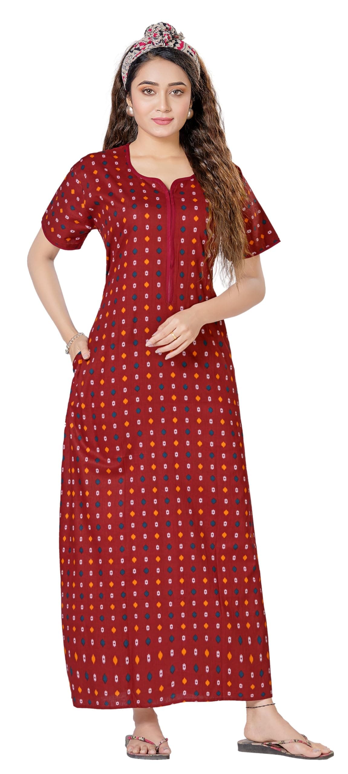 WiWi Women's Cotton Printed Feeding Maternity Nighty Maroon