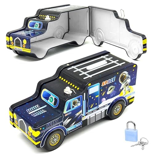 VGRASSP Space Theme Metal Bus Piggy Bank Toy for Kids - Cute Money Safe with Lock and 2 Keys - Gullak Coin Box Gift - Color As Per Stock