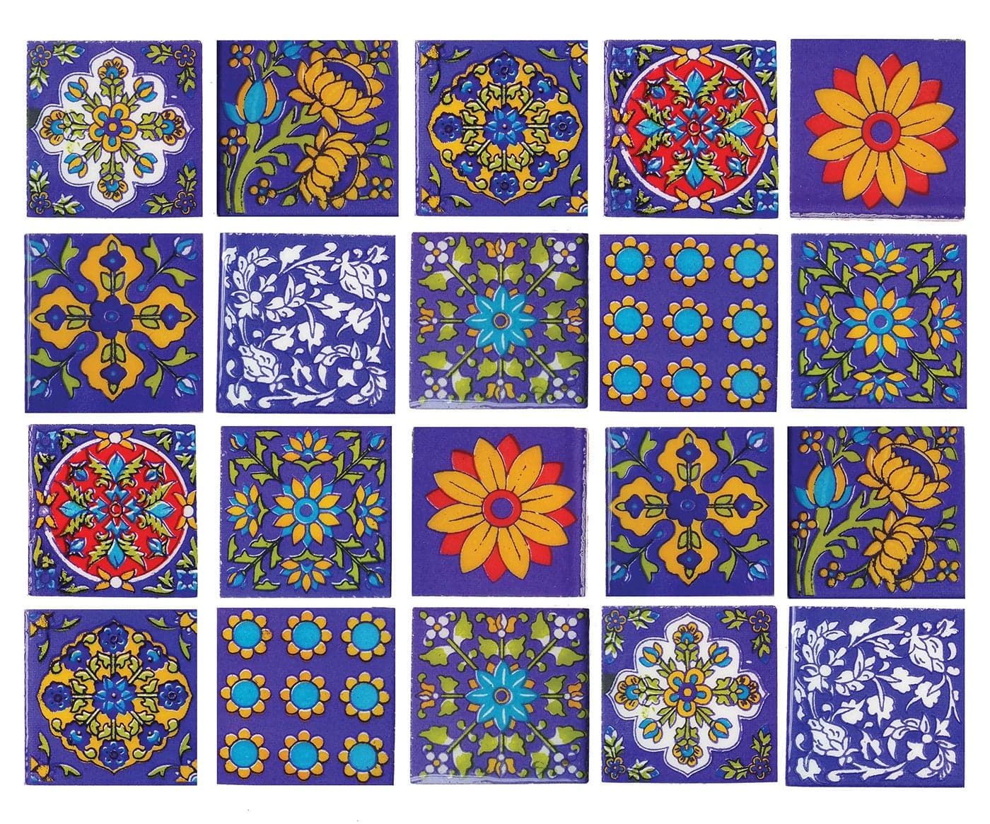 Shiv Kripa Blue Pottery Luxury Floral Decorative Crafted Tabletop Flooring Wall Interior Exterior Traditional 2 x 2 inch Tiles Pack of 20 Tiles (Blue & Multi)