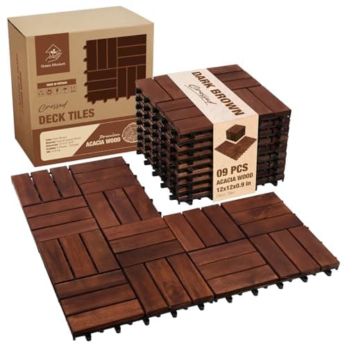 GREEN ALLUVIUM Premium Acacia Wood Interlocking Deck Tiles 9 PCS 12x12x09 Patio Flooring Waterproof Decking Tiles for Balcony Backyard Patio All Weather Use Dark Brown Crossed Pattern