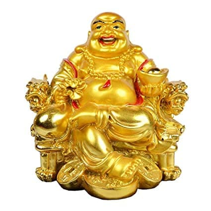 HEENA HOME DECOR Happy Man Laughing Buddha Sitting On Chair Ingot Sitting Laughing Buddha with Money Coin Statue for Attracting Money Wealth Prosperity Financial Luck