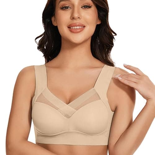 SSoShHub Women Nylon Spandex Seamless Mesh Lace Seamless Bras for Women Wirefree Comfortable Padded Lift Push Up Thin Soft Sexy Back Smoothing Bra Pullover Bras Beige