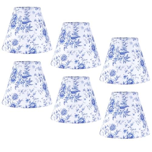 6 Pcs Chandelier Shades Small Chinoiserie Lamp Shade Toile Clip Bulbs Lampshade Blue Floral Lamp Chimney Cover Decorative Countryside Chandelier Lamp Shade (3 x 6 x 5 Inch)