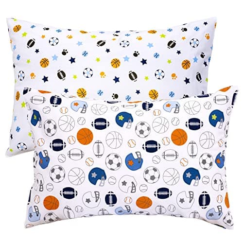 UOMNY Sports Theme Toddler Boys Pillowcase 2 Packs Standard Soccer Printed Kids Pillow Case 13x18 Inch Basketball Nursery Bedding Pillowslip Travel Pillow Cover Football Infant Pillowcase