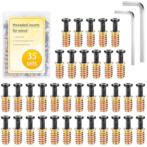 35 Sets 1/4-20 Threaded Inserts for Wood - 19/32" Length Heavy Duty Inserts with Hex Key (Includes 35pcs 1/4-20 x 3/4" Mounting Screws and 2pcs Hex Key)