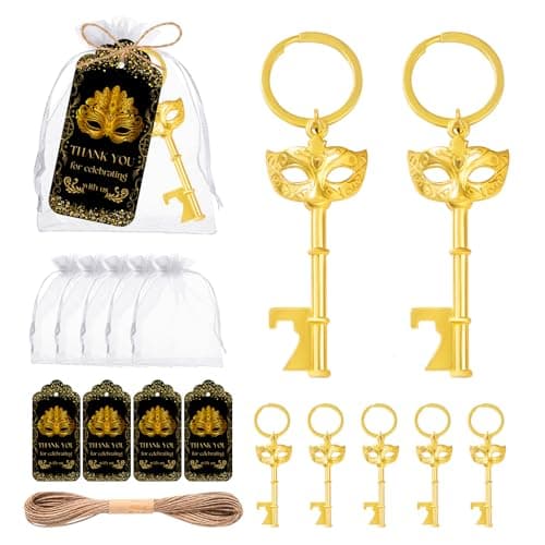 Qonmpcvu 50Pcs Mask Key Bottle Openers Masquerade Mask Party Wedding Favors Bridal Party Bulk Gifts Keychain Openers with Thank You Tags and Giftbag