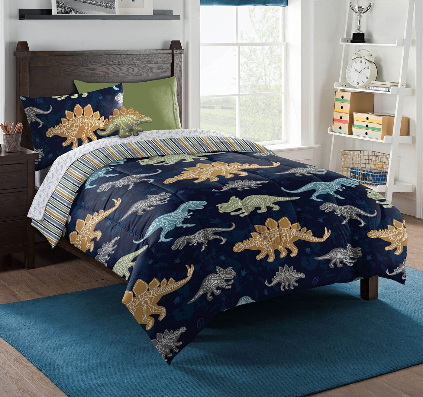 Northwest Classics Twin Sized Dino Discovery Glow-in-The-Dark 6-Piece Bed in a Bag Set, All Seasons Bedding for Girls and Boys, Comforter, Flat Sheet, Fitted Sheet, Pillowcase, Pillow, Sham