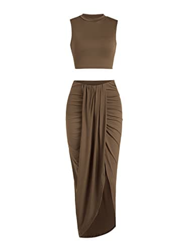 ZAFUL Women's Casual Sleeveless Summer Two Piece Outfits Crop Top and Side Split Draped Ruched Maxi Skirt Set Solid Suiting