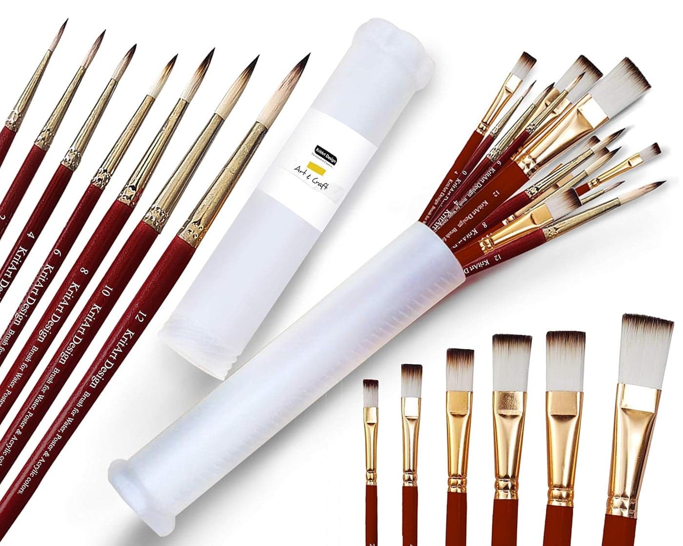 KritArt Design Artist Painting Brush Set Flat and Round Synthetic Hair for Water Poster Acrylic Gouache and Oil Colour RED Wooden Handle Set of 13 Mix Brushes with extendable Container