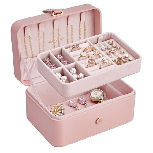 SONGMICS Jewelry Organizer Box Travel Jewelry Case 2Layer Travel Case for Earrings Necklaces Bracelets Portable Jewelry Storage with Large Capacity Gift Idea Jelly Pink UJBC166R01