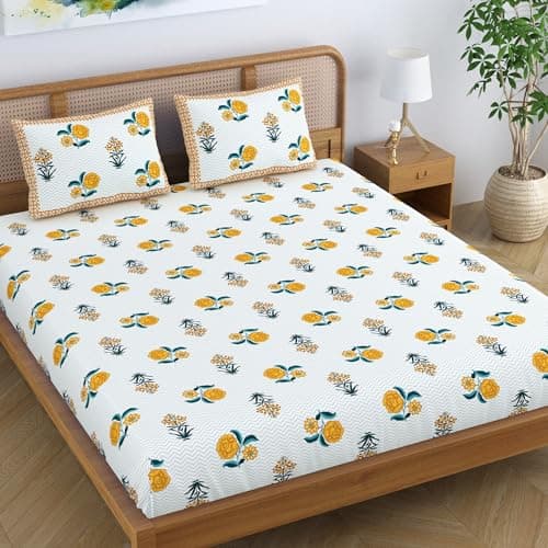 Colorish Ethnic Cotton Blend King Size Double Bedsheet with 2 Pillow Covers - Yellow Blush