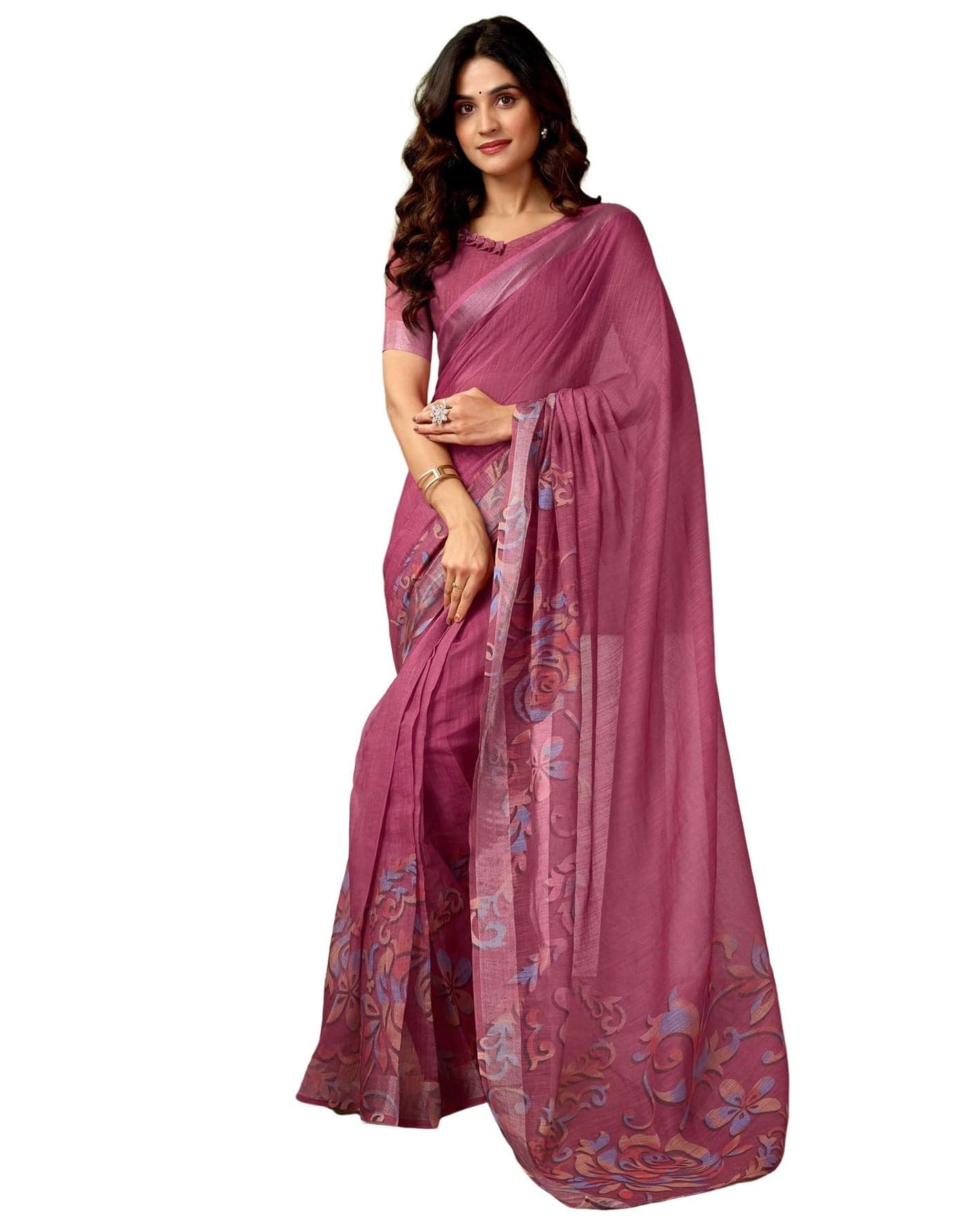SIRIL Women's Cotton Linen Printed Ready to Wear Saree with Blouse, One Minute Saree Ready to Wear (34RS323_Pink)