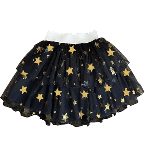 Stanwells Kids Skirt for Girls Star Printed Net & Santoon Silk Knee Length Ruffled A-Line Short Elastic Waistband Fancy Skirt for Kids Girls Black (4-5 Years)