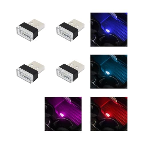 Augeny 4 PCS USB LED Car Interior Atmosphere Lamp, Plug-in USB Decor Night Light, Portable Auto Ambient Lighting Kit, Universal Vehicle Interior Accessories for Most Cars (Blue+Ice Blue+Red+Purple)