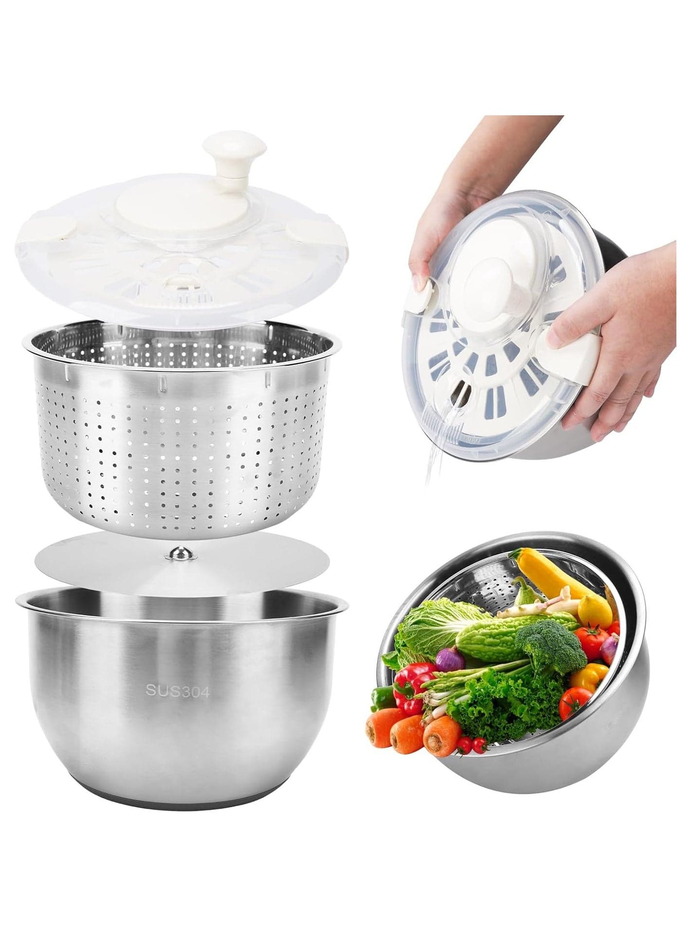 Stainless Steel Salad Spinner, Lettuce Spinner with Drain, 6-Quart Fruit Washer with PP Cover and Non-Slip Base, 3-in-1 Vegetable Washer for Spinning Lettuce, Fruits, Vegetables, and Pasta