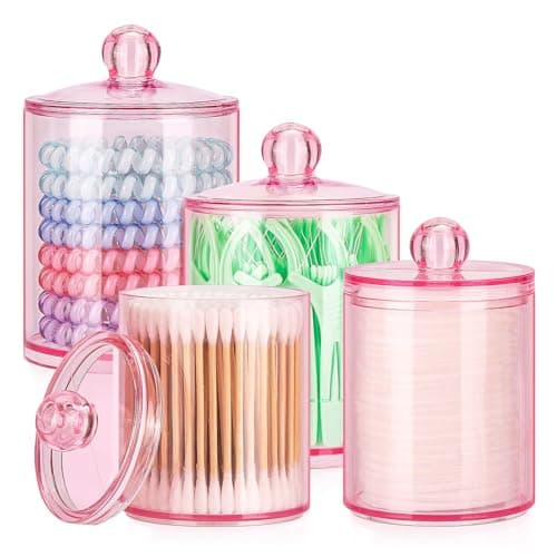 Tbestmax 12 oz & 10 oz Qtip Holder - 4 Pack Restroom Bathroom Organizers and Storage Containers, Pink Plastic Apothecary Jars with Lids for Cotton Swab, Cotton Round Pads, Floss