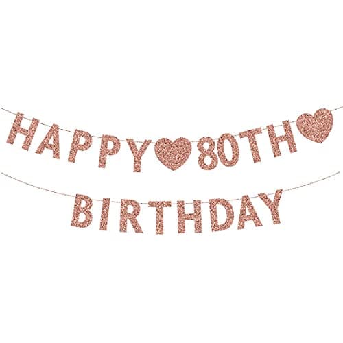 Festiko®Rose Gold 80th Birthday Banner, Glitter Happy 80 Years Old Woman or Man Party Decorations, Supplies