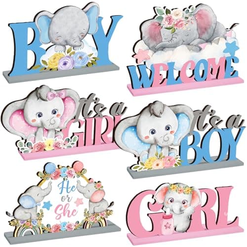 CroBlissful 6 Pcs Elephant Gender Reveal Table Decorations He or She Baby Shower Party Centerpieces Elephant Theme Gender Reveal Blue and Pink Wooden Signs for Baby Shower Newborn Decor Party Supplies