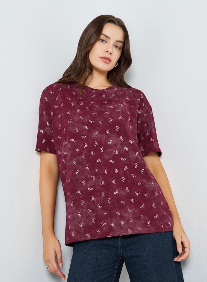 Women Burgundy Bow Print Oversized T-Shirt