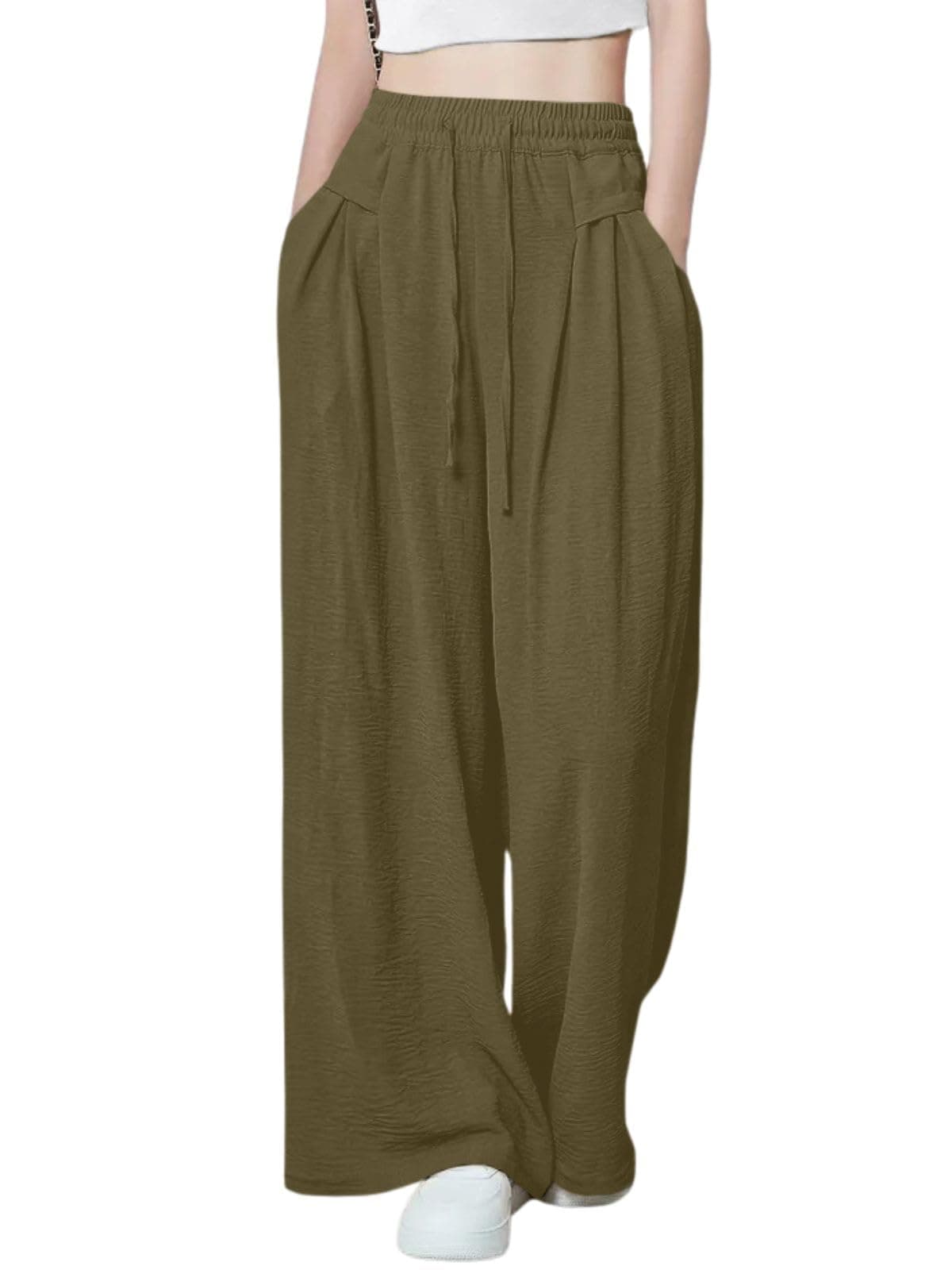 GRECIILOOKS High Waist Polycotton Trousers for Women – Flared Parachute Pants with Side Pockets | Casual Travel Cargo Pants Olive Green