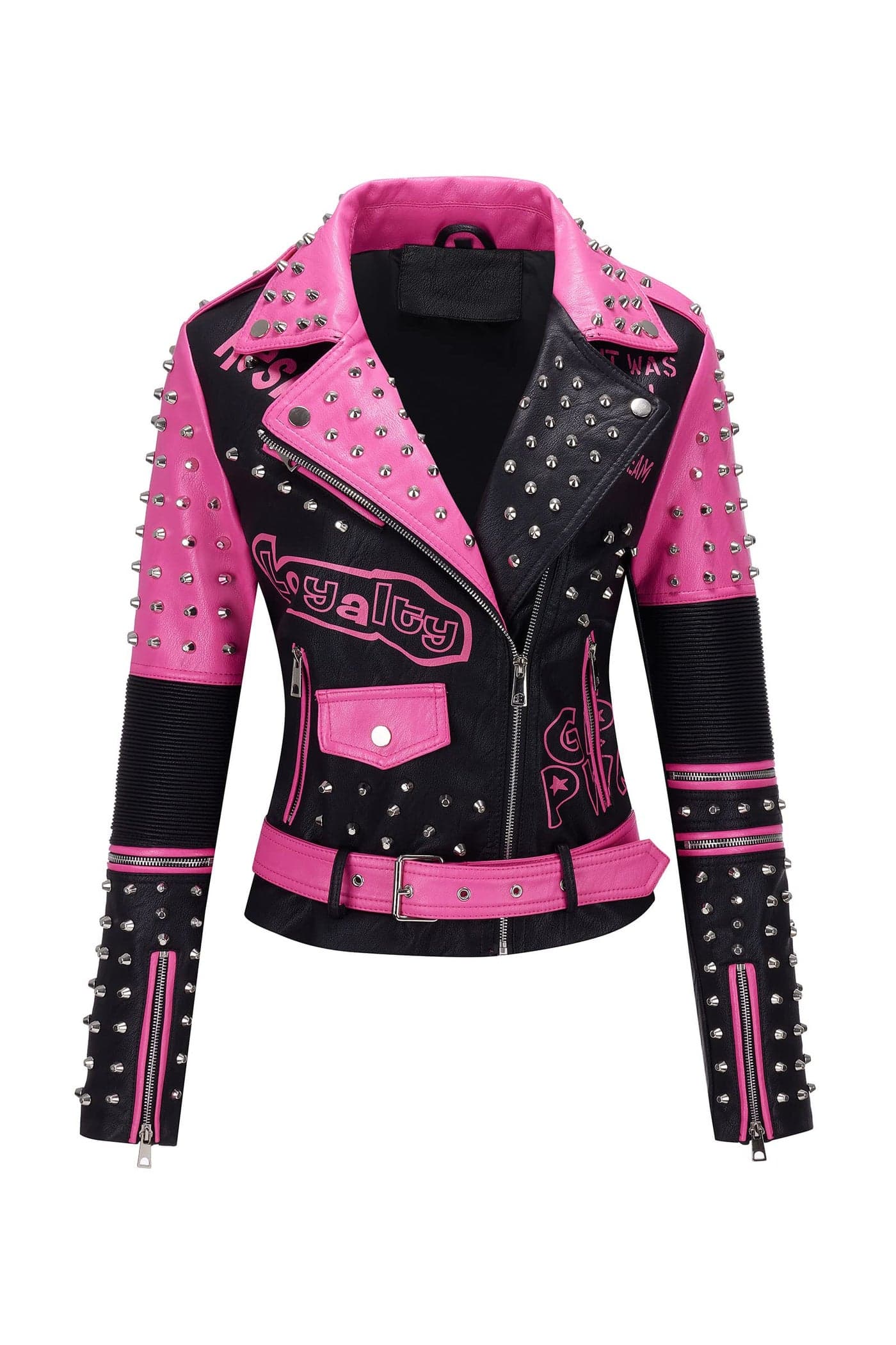 RISISSIDA Studded Leather Jacket Women Moto Motorcycle Faux Leather Short Coat Black-pink 0376 X-L