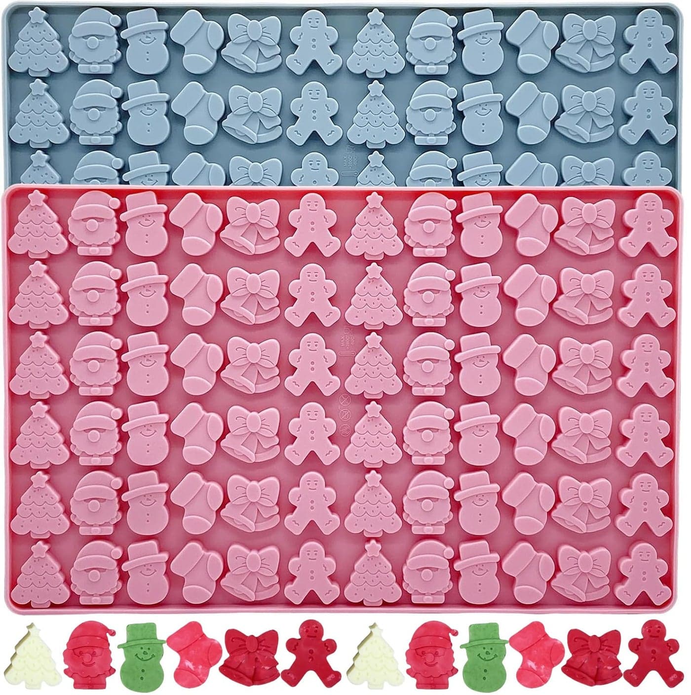 2Pcs Christmas Silicone Molds 72Cavity Mini Christmas Tree Holiday Silicone Molds with Gingerbread Man Santa Claus molds for Candy Chocolate Fondant CupcakeGummy Mold for Baking Gingerbread man