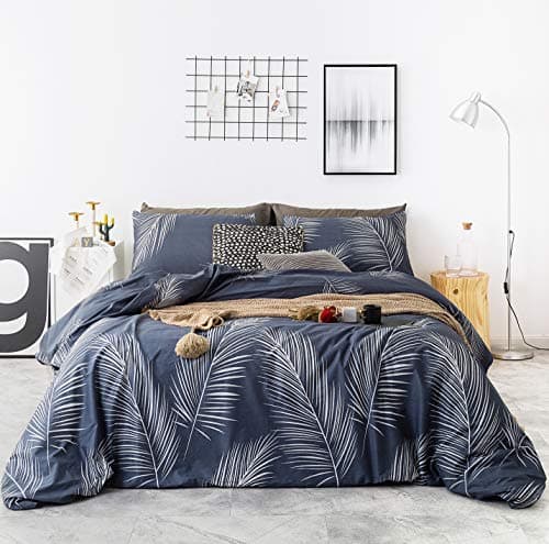 YuHeGuoJi Blue Plant Duvet Cover Queen 100% Cotton 3 Pcs Set 1 Navy Blue Botanical Duvet Cover with Zipper Ties 2 Pillowcases Hawaiian Tropical White Plam Leaves Pattern Bedding Set Soft