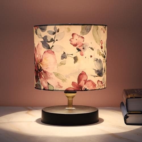 tu casa Black Metal Table Lamp | Floral Fabric Shade Bedside Night Lamp for Bedroom Living Room Study Office | Decorative Home Décor Lighting & Gifting
